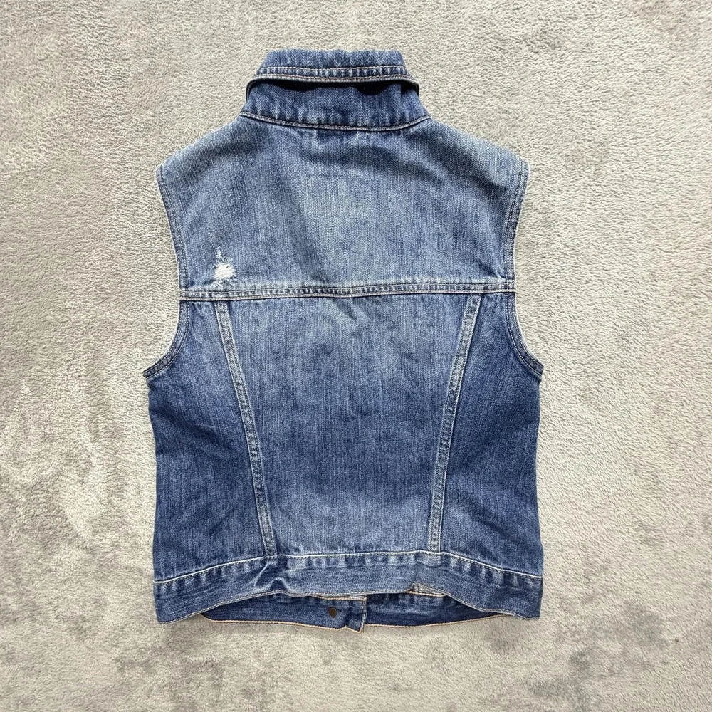 Hollister Vest Womens L Blue Denim Collared Pockets Unlined Distressed‎ Logo
